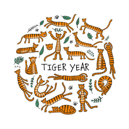 Funny Tigers Family, animal characters. Symbol of 2022 New Year. Design Template for Christmas card, banner, poster, holiday decorationのイラスト素材