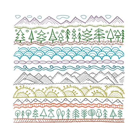 Abstract Nature Pattern Frame for your design. Forest and Mountain icons. Ethnic styleのイラスト素材