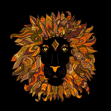 Hand drawn outline lion head decorated with abstract doodle ornaments. Sketch for your designのイラスト素材