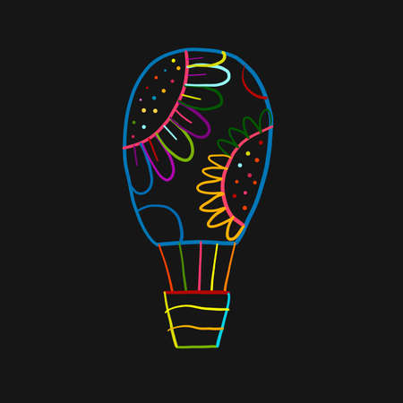 Hot Air Balloon Colorful Outline isolated on black. Sketch for your designのイラスト素材