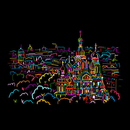 Cathedral of the Resurrection on the Blood, and Church of the Savior on Blood in St. Petersburg, Russia. Vector sketch designのイラスト素材