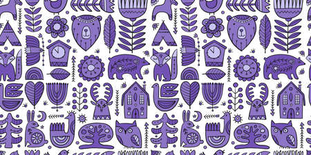 Nordic Ornament. Forest Animals, Folk Background. Seamless pattern for your designのイラスト素材