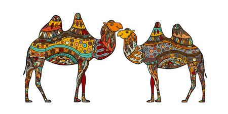 Hand drawn couple of camels. Colorful   ornament for your designのイラスト素材