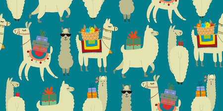 Cute alpaca character. Funny llamas family with luggage. Seamless pattern for your designのイラスト素材