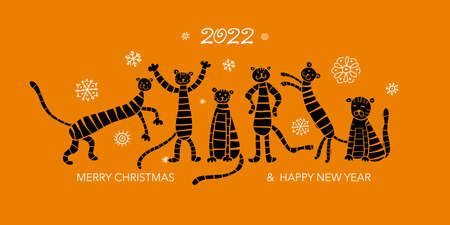 Christmas card template with funny Tigers. Symbol of 2022 New Year.のイラスト素材