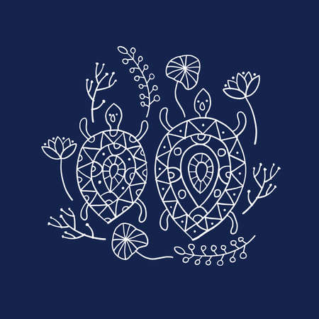 Cute Turtle family in ethnic ornament style. Couple of Tortoise with floral decor background. Art print isolated on whiteのイラスト素材
