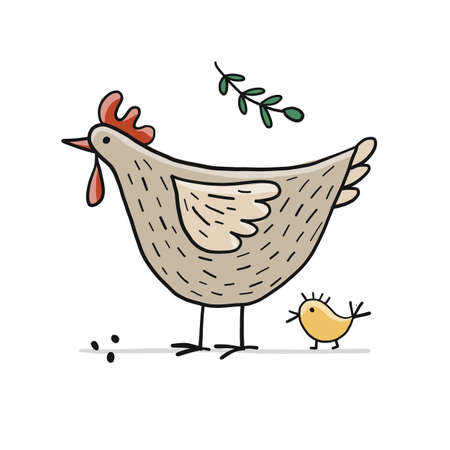 Funny Chicken character with chick isolated on white. Icon for your designのイラスト素材