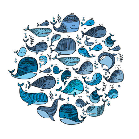 Wild whales. Childish style circle frame for your designのイラスト素材