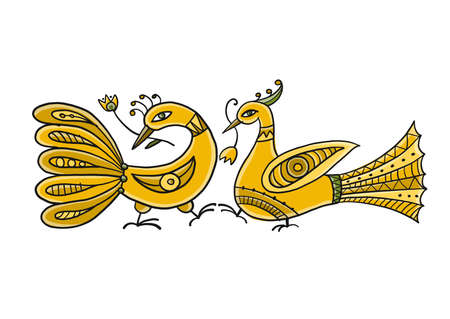 Couple of magic birds isolated on white. Art for your designのイラスト素材