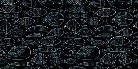 Funny fishes collection, ethnic ornament. Childish style. Seamless pattern for your design