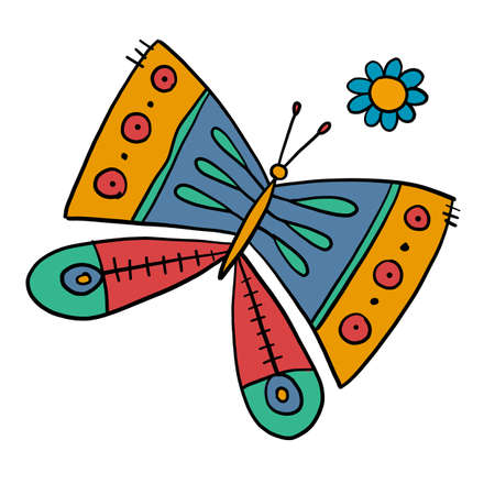 Ornate colorful butterfly, isolated on white. Cartoon for your designのイラスト素材