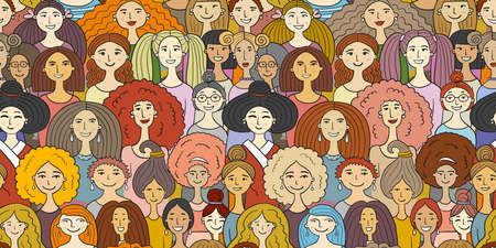 Women community. Big female family. Group of pretty girls. Team of girls. Seamless pattern background for your designのイラスト素材