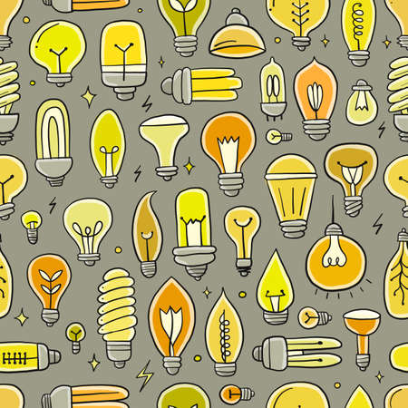 Light bulbs collection. Ecology Concept art. Symbol of creativity, innovation, inspiration, invention and idea. Hand drawn style, seamless pattern background for your designのイラスト素材