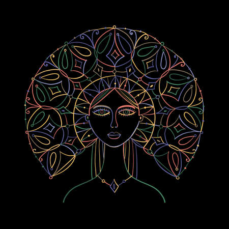 Art female portrait, pretty woman with vintage hair decor. Design for fashion cards, banners, postersのイラスト素材