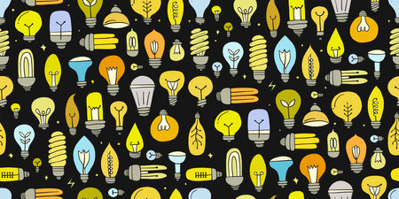 Light bulbs collection. Ecology Concept art. Symbol of creativity, innovation, inspiration, invention and idea. Hand drawn style, seamless pattern background for your designのイラスト素材