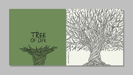 Vintage old olive tree with roots, concept art for your business. Cards, banner, web, promotional materials. Corporate identity template. Vector illustrationのイラスト素材