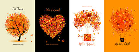 Autumn, Fall season. Tree, heart shape, women portrait, air balloon. Set of concept art for your design project - cards, banners, poster, web, print, social media, promotional materials.のイラスト素材