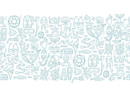 Scuba Diving, underwater activity. Summer vacation, marine life concept. Semless pattern background for your designのイラスト素材