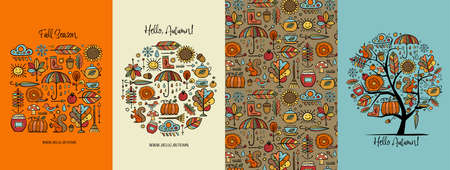 Autumn, Fall season. Frame, pattern, tree. Set of hand drawn concept art for your design project - cards, banners, poster, web, print, social media, promotional materials. Vector illustrationのイラスト素材