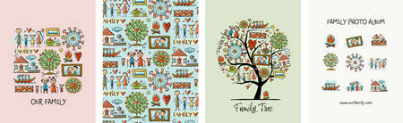Family concept art collection. Frame, background, tree, icons. Set for your design project - cards,...