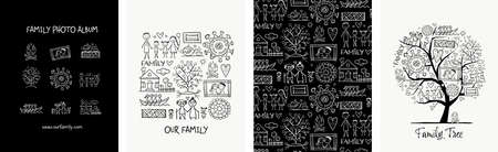 Family concept art collection. Frame, background, tree, icons. Set for your design project - cards, banners, poster, web, print, social media, promotional materials. Vector illustrationの写真素材