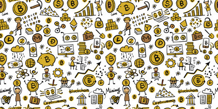 Cryptocurrency concept art, bitcoin mining technology. Seamless pattern background for web banners, images, printed materialsのイラスト素材