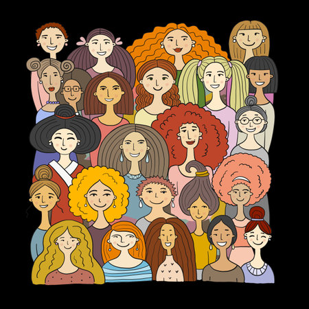 Women community. Big female family. Group of pretty girls. Team of girls. Art frame for your designのイラスト素材