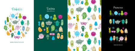 Concept Art set, funny and scary bacteria characters. Frame, background, icons. Set for your design project - cards, banners, poster, web, print, social media, promotional materialsのイラスト素材