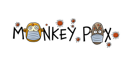 Monkeypox 2022 virus - disease transmitted by monkey. Concept art banner for your design. Monkeys with mask on face. Vector illustrationのイラスト素材