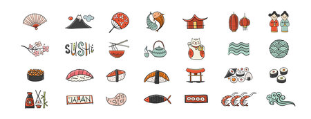 Japaneese Food and Traditions concept art. Menu restaurant. Sushi set. Icons collection for your designのイラスト素材