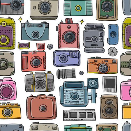 Old fashioned vintage photocamera. Retro and new collection for your design. Seamless pattern background. Vector illustrationのイラスト素材