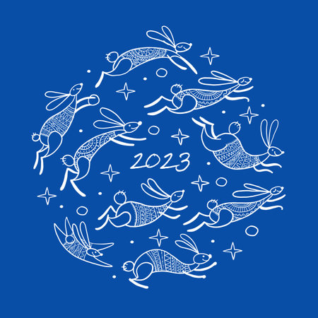 Happy chinese new year 2023 of the rabbit zodiac sign. Greeting card design. Funny Bunnies concept art. Christamas holiday background. Vector illustrationのイラスト素材