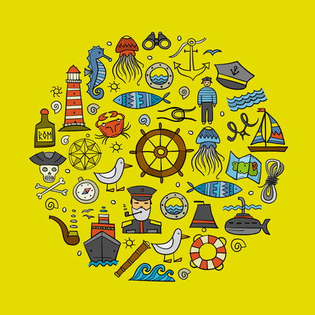 Nautical icons of navigator, ship and captain, lighthouse and sailor. Art background circle frame. Outline style for your design. Vector illustrationのイラスト素材