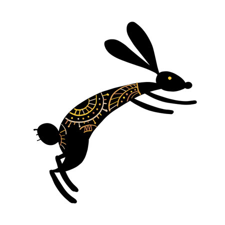 Rabbit isolated on white, black silhouette. Vintage ornament decor. Bunny - symbol of 2023 chineese new year. Vector illustrationのイラスト素材