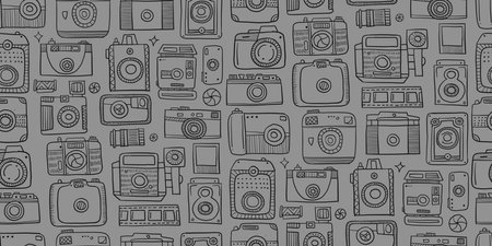 Old fashioned vintage photocamera. Retro and new collection for your design. Seamless pattern background. Vector illustrationのイラスト素材