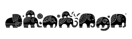 Elephant family, black silhouette isolated on white. Ethnic ornament. Art for your designのイラスト素材