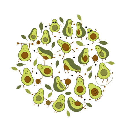 Funny Avocado family, cartoon characters. Sport, relax, yoga activity, Circle Frame for your design....