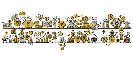Cryptocurrency concept art, bitcoin mining technology for web banners, images, printed materialsのイラスト素材