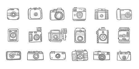 Old fashioned vintage photocamera. Retro and new collection for your design. Icons set. Outline style. Vector illustrationのイラスト素材