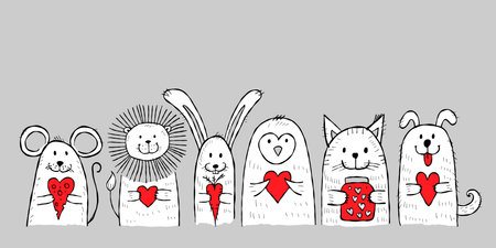 Cute animals with hearts in hands. Be my Valentine. Valentines day banner, background, flyer, placard. Holiday poster for scrapbooking. Vector illustration card for greeting, decoration, congratulation, invitationのイラスト素材