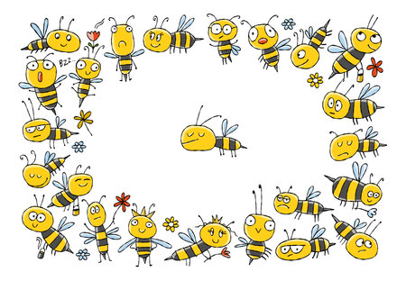 Funny Bees family. Beehive for your design. Horizontal frame with place for textのイラスト素材