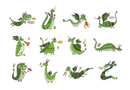 Funny Dragon characters isolated on white. Symbol of Chinese New Year 2024. Dragon Icons set for your designのイラスト素材