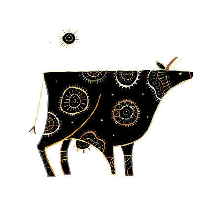 Stylish Ethnic Vector Illustration: Black silhouette Isolated Cow on White Backgroundのイラスト素材