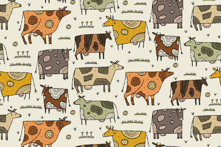 Stylish Ethnic Cows family on meadow. Seamless pattern background. Vector Illustrationのイラスト素材