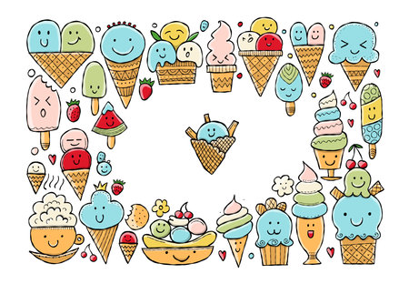 Ice cream characters. Kawaii style. Horizontal frame for your designのイラスト素材