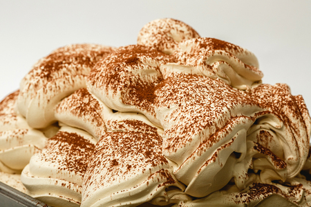 Tiramisu ice cream in the metal tray on white backgroundの写真素材