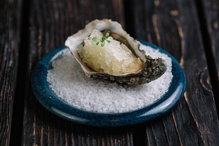 Fresh raw oyster with ice on blue plate served with salt on dark wood backgroundの写真素材