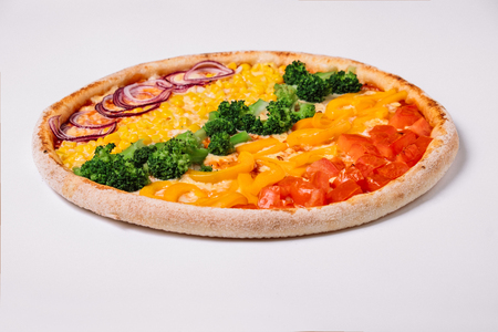 Pizza with vegetables isolated on white. Vegetarian pizzaの写真素材