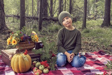 A boy in the autumn forest on a picnic, sitting on a blanket in a cage with pumpkin, applesの写真素材