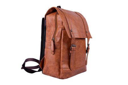 Brown leather backpack on white backgroundの写真素材